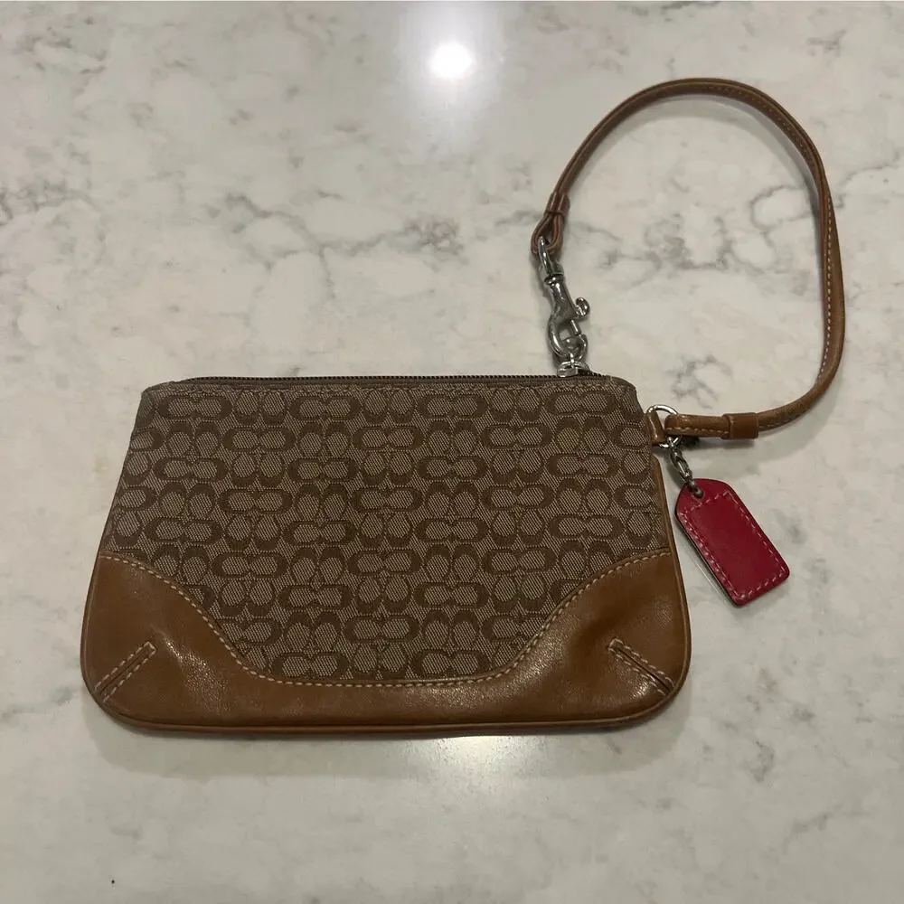 Coach Women's Y2K Monogrammed Canvas Leather‎ Trim Wristlet Tan